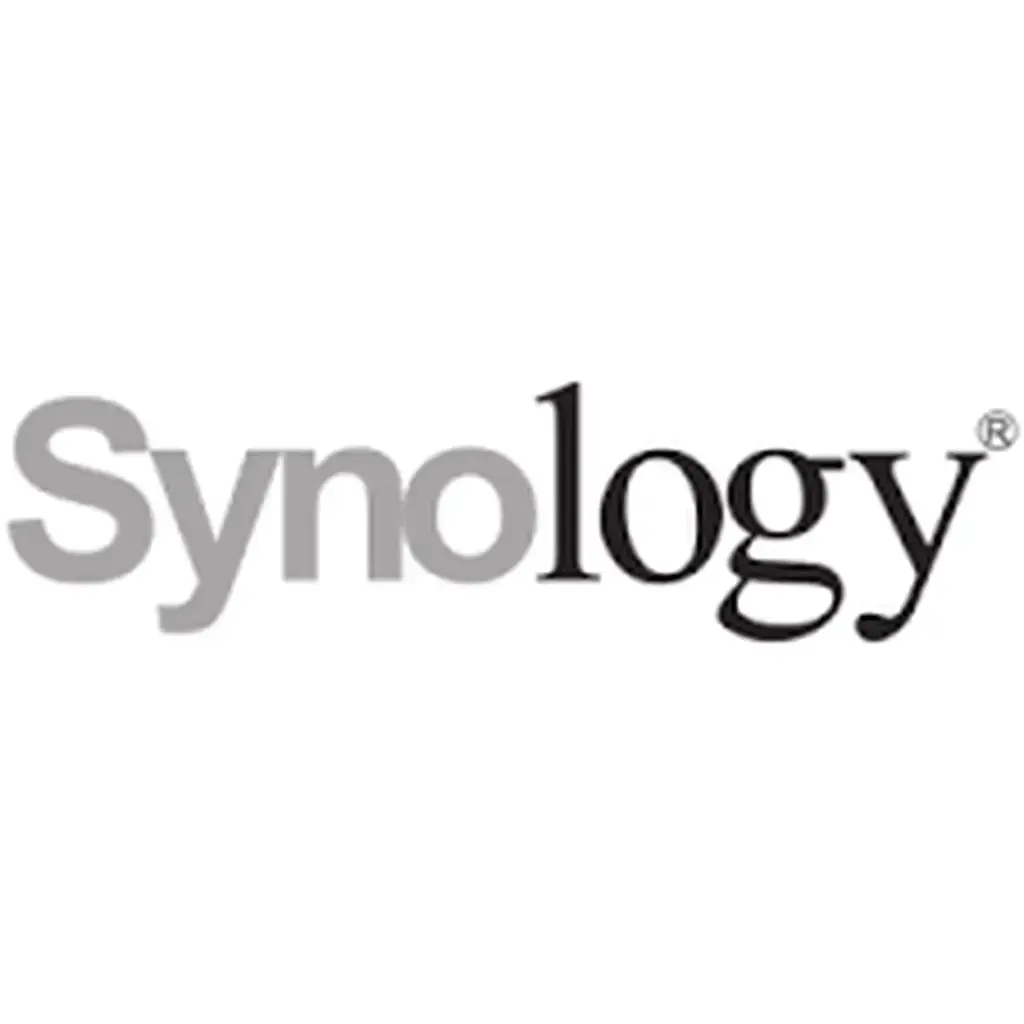 Synology logo featuring the brand name in a sleek, modern font, with "Syn" in bold gray and "ology" in black.